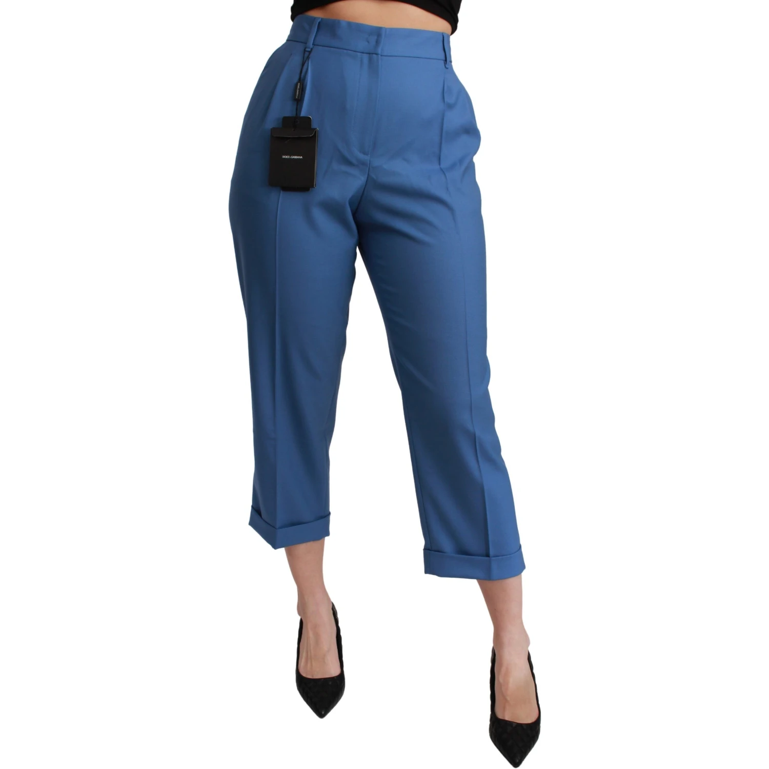 Blue Pleated Wool Cuffed Cropped Trouser Pants