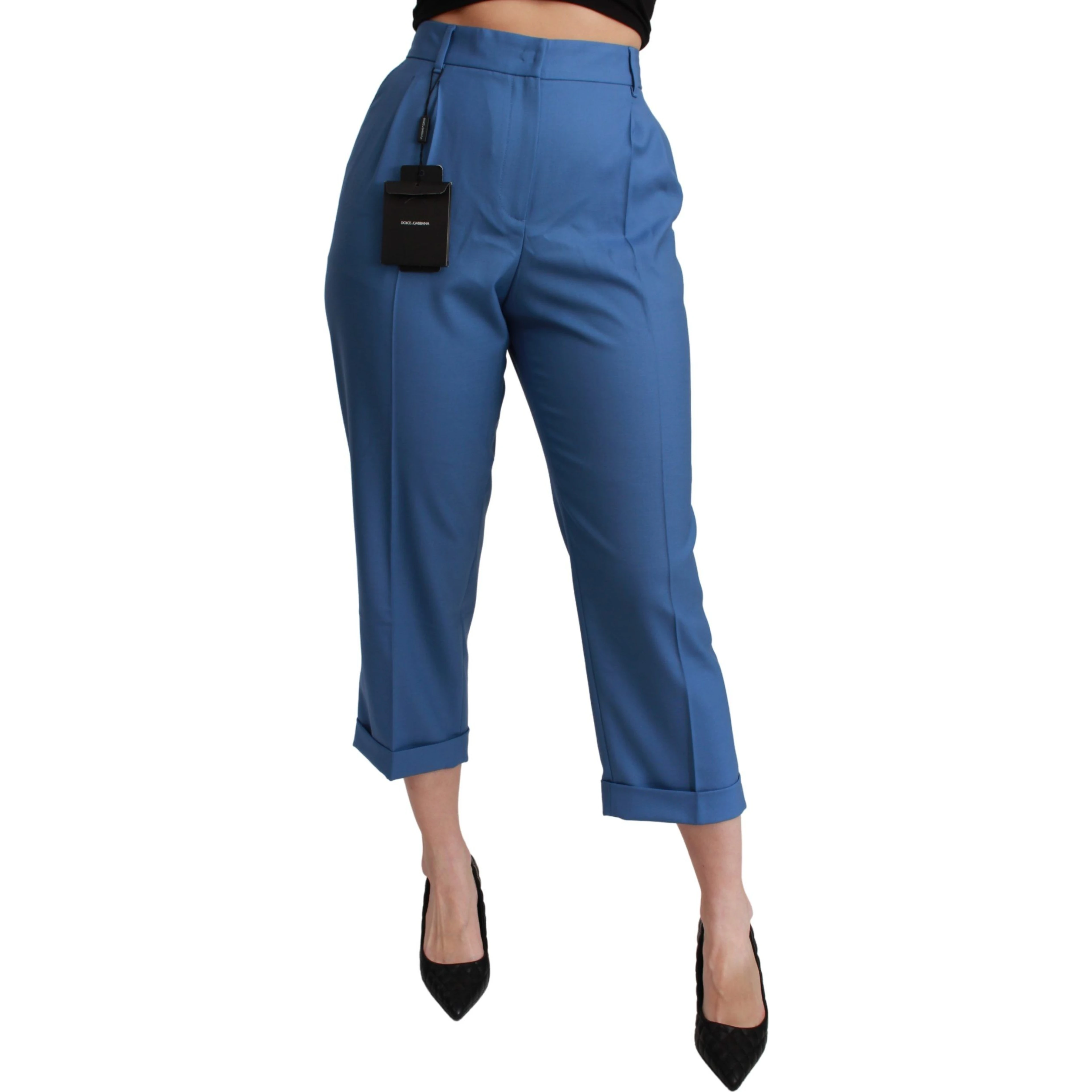 Blue Pleated Wool Cuffed Cropped Trouser Pants