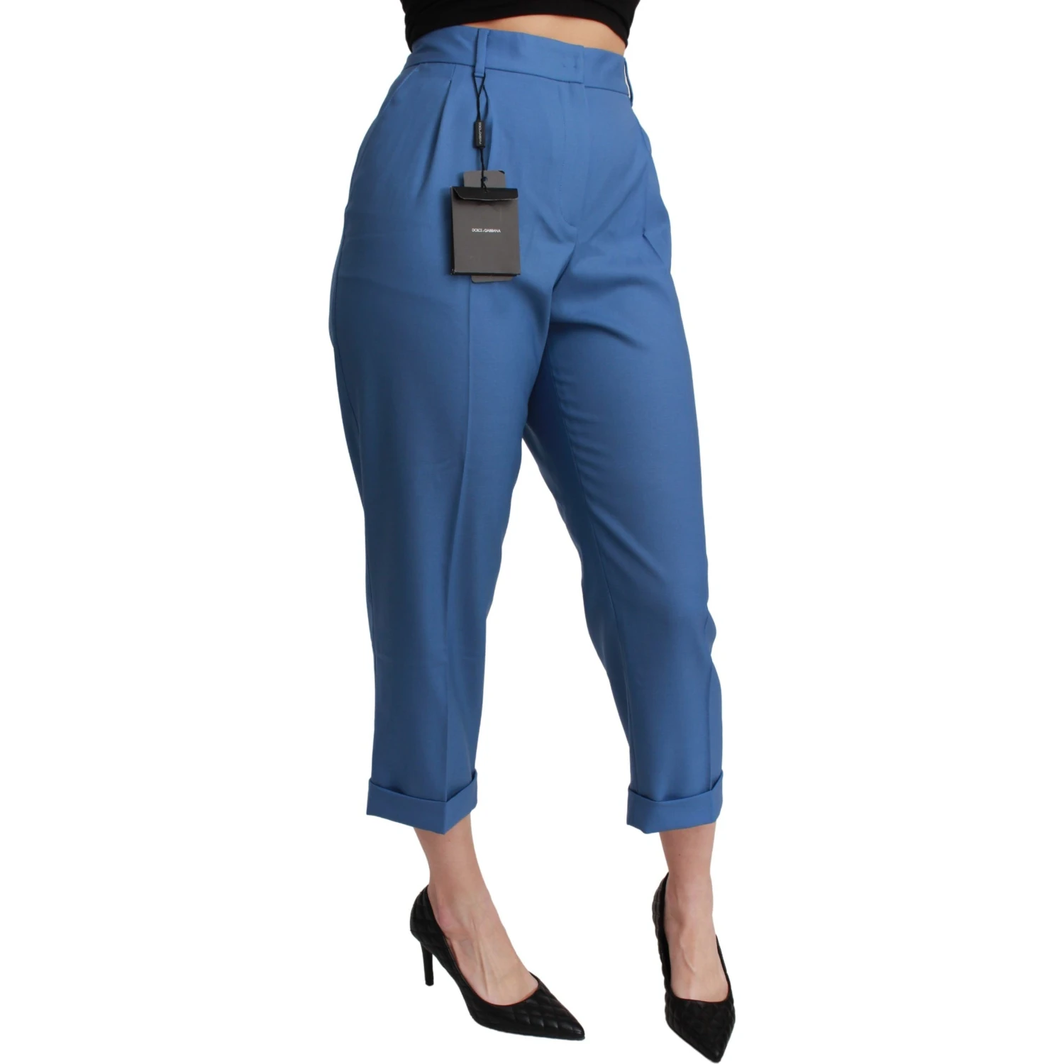 Blue Pleated Wool Cuffed Cropped Trouser Pants