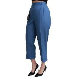 Blue Pleated Wool Cuffed Cropped Trouser Pants