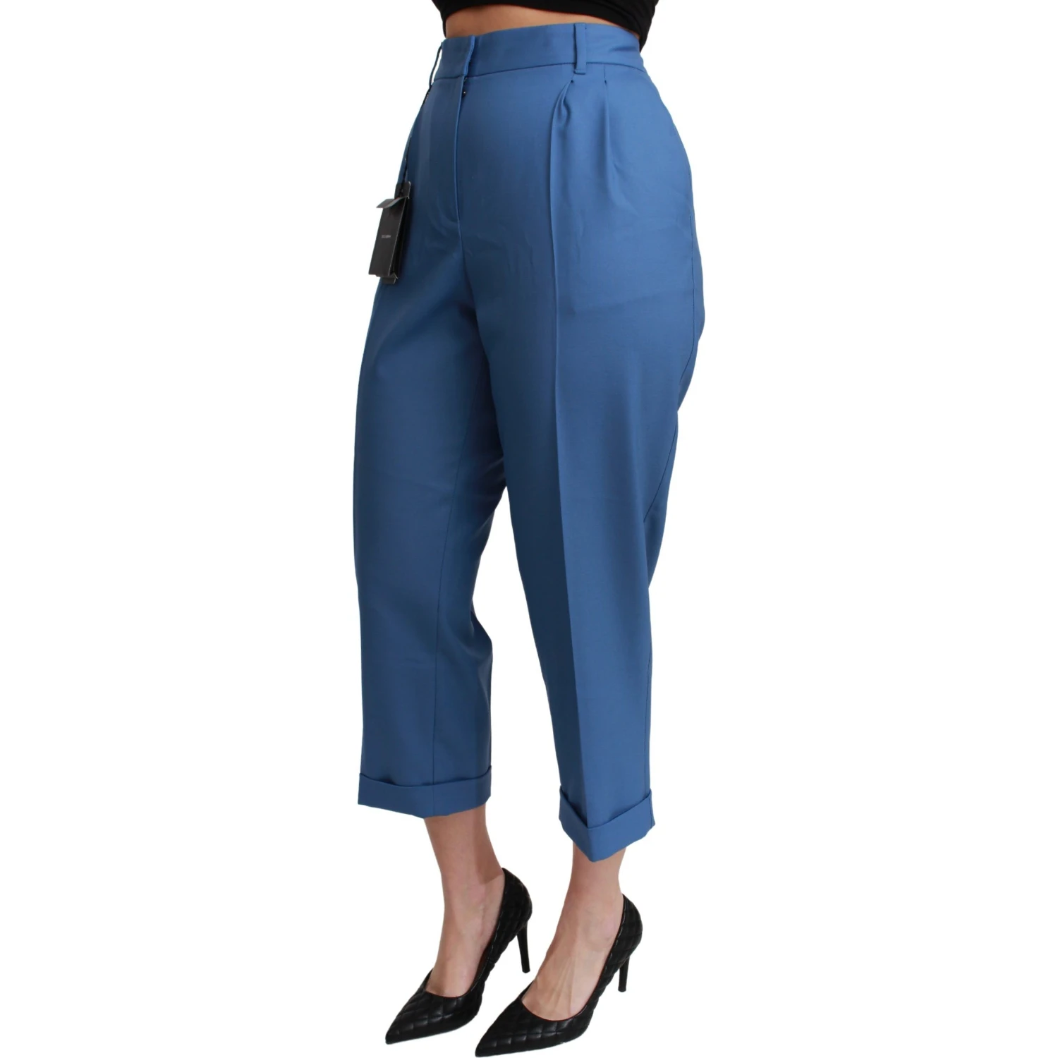 Blue Pleated Wool Cuffed Cropped Trouser Pants