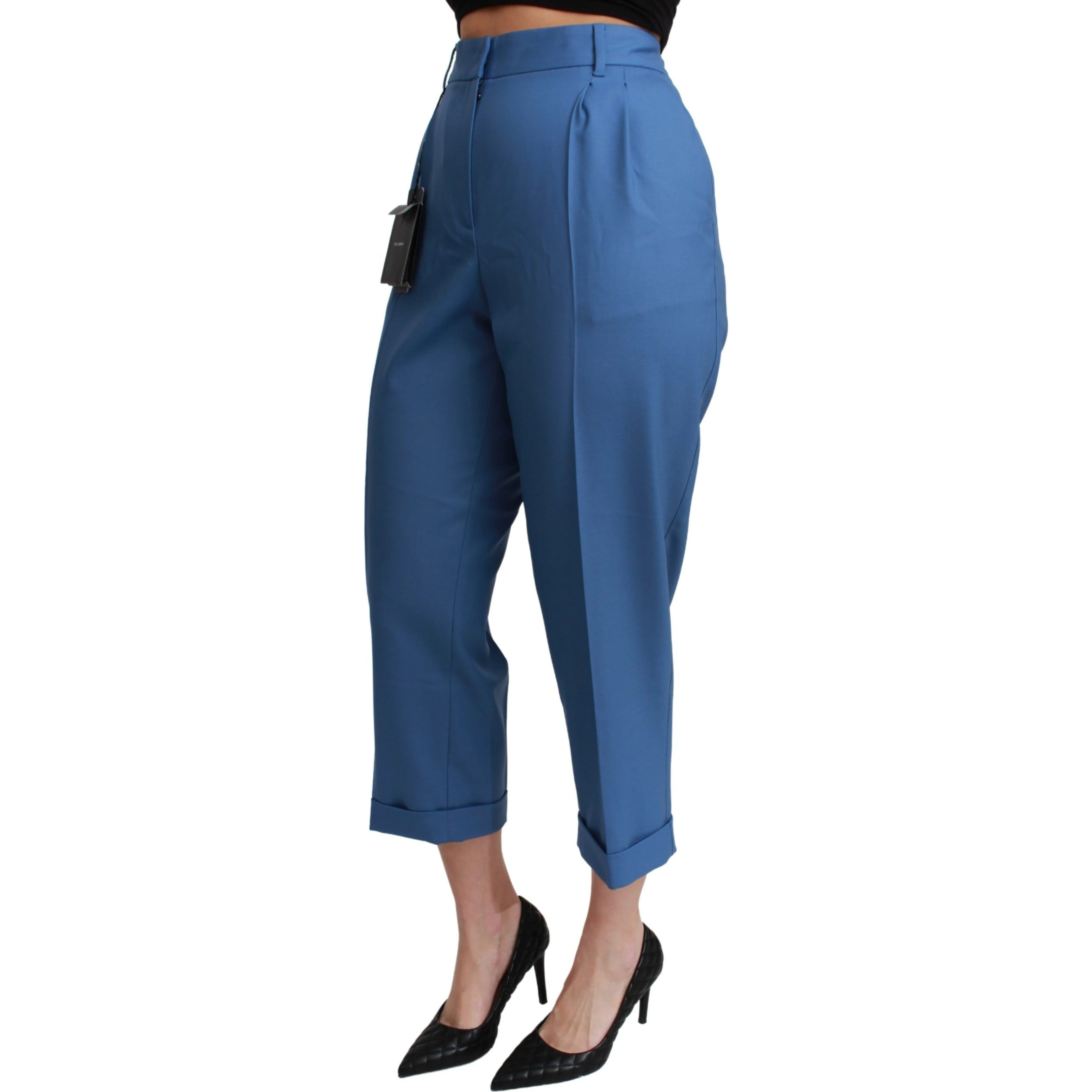 Blue Pleated Wool Cuffed Cropped Trouser Pants