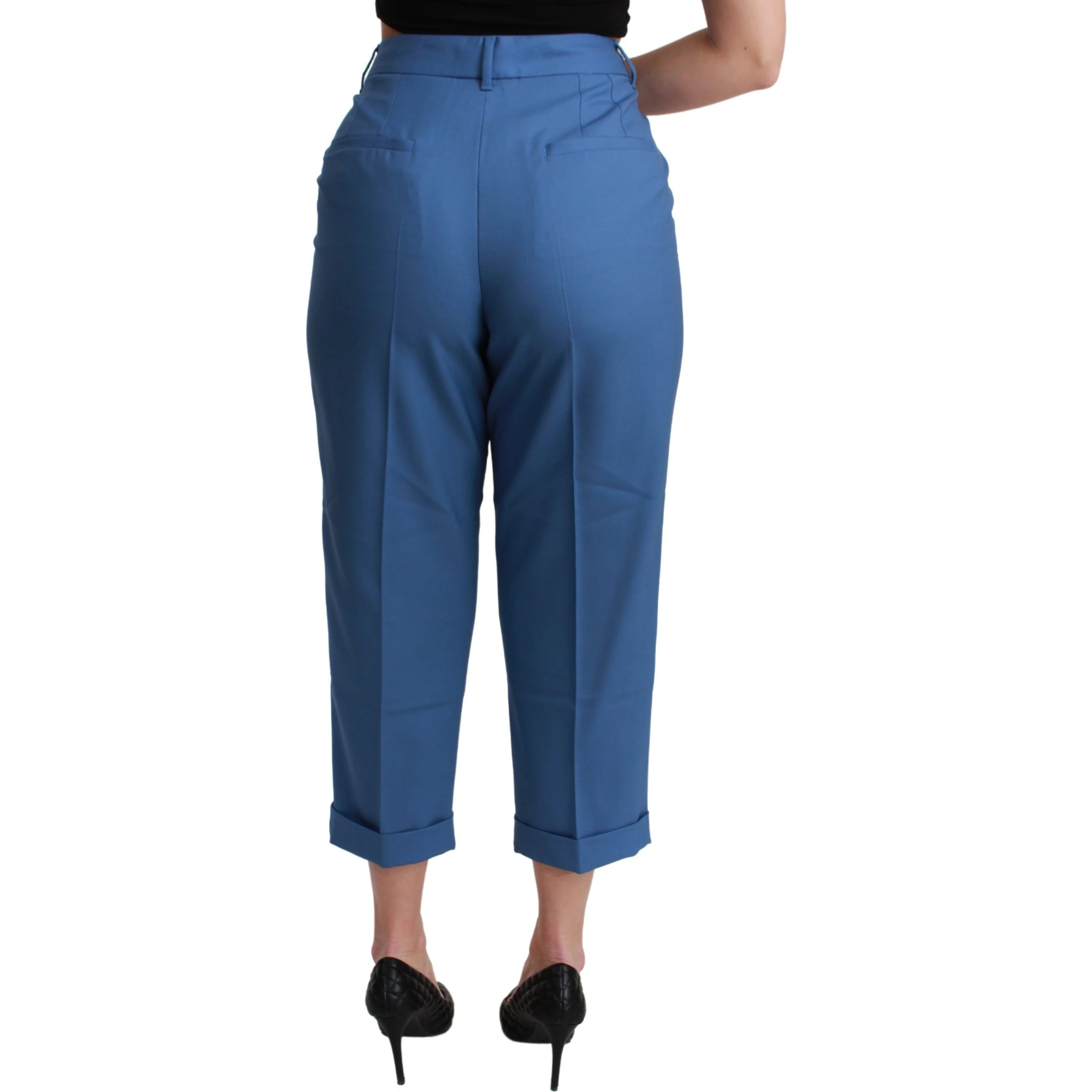 Blue Pleated Wool Cuffed Cropped Trouser Pants