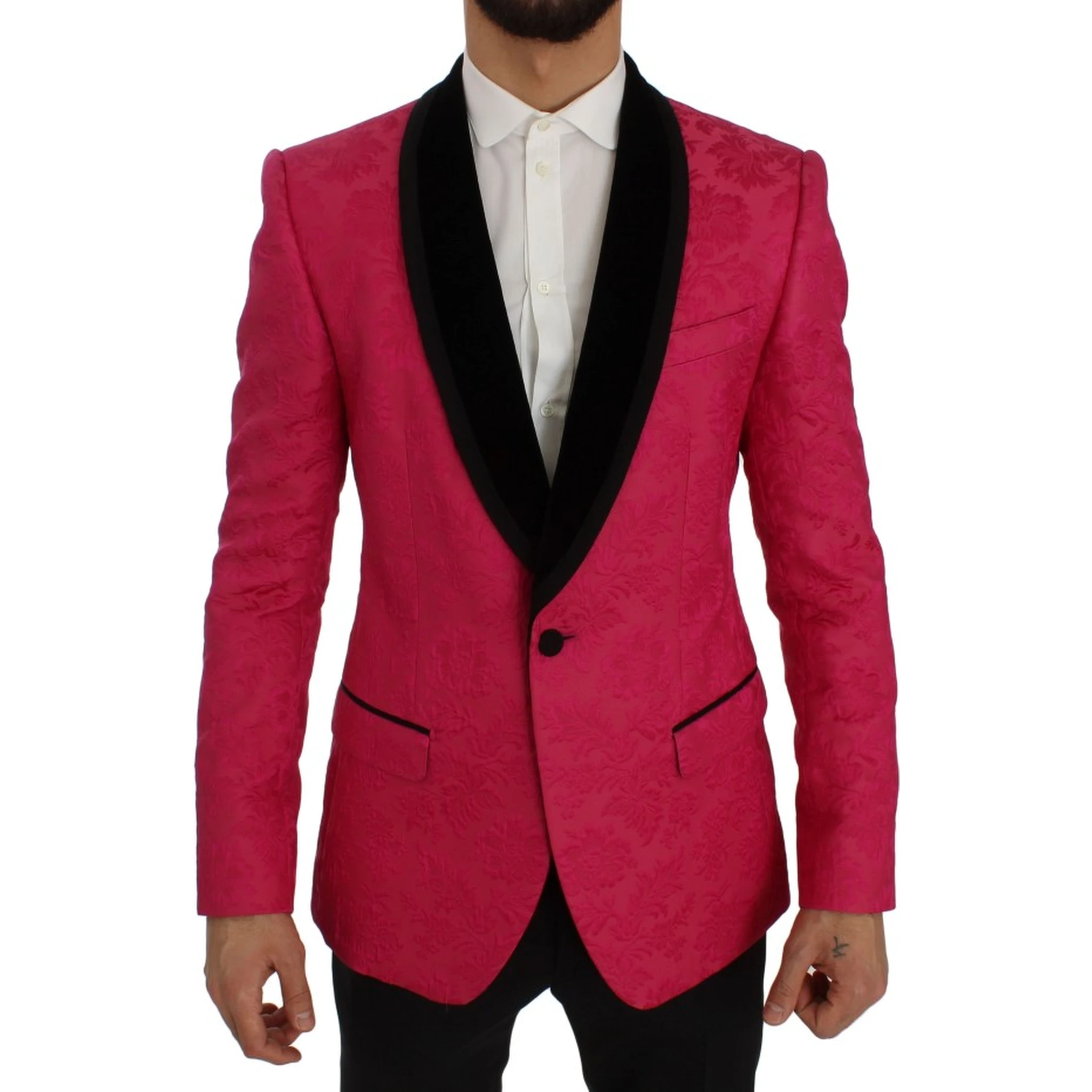 Pink Floral Brocade Slim Blazer Jacket