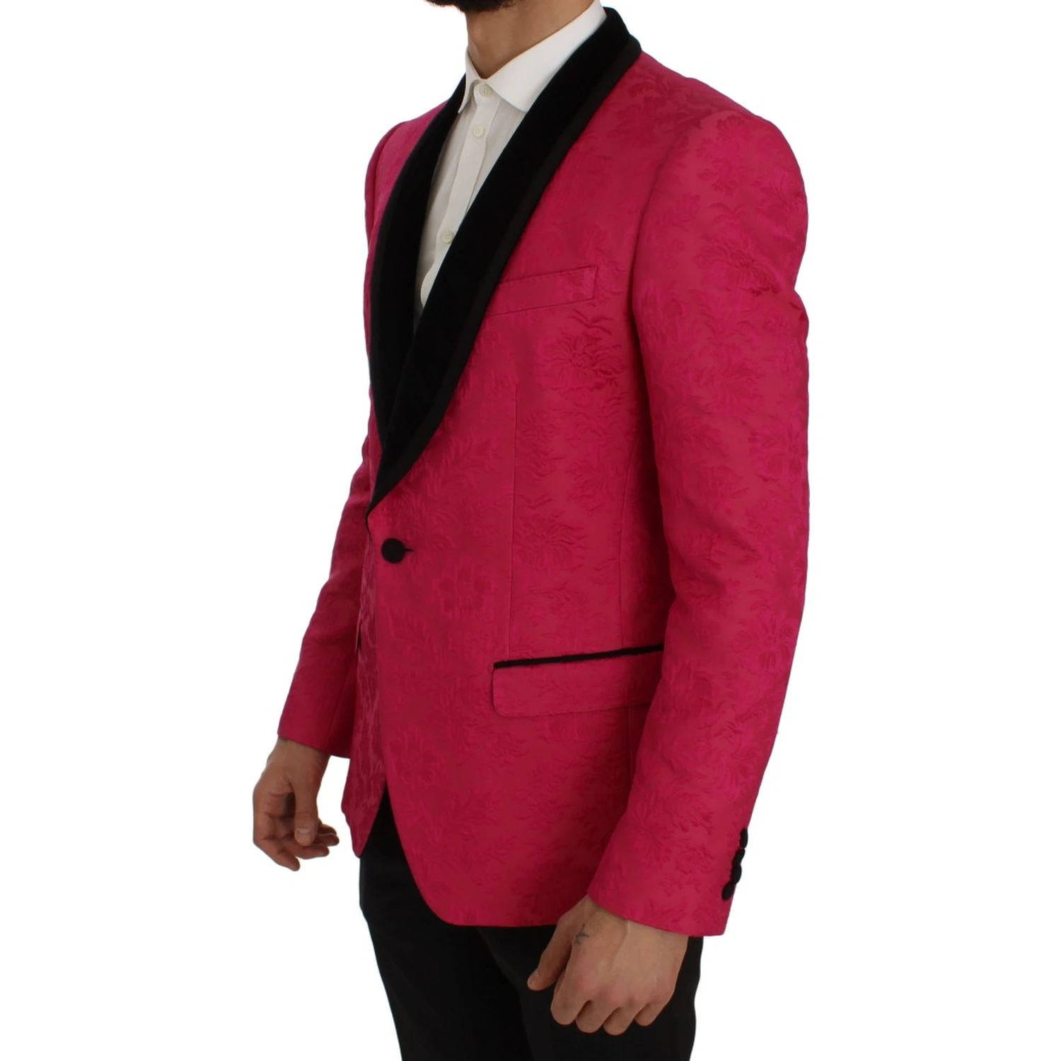 Pink Floral Brocade Slim Blazer Jacket