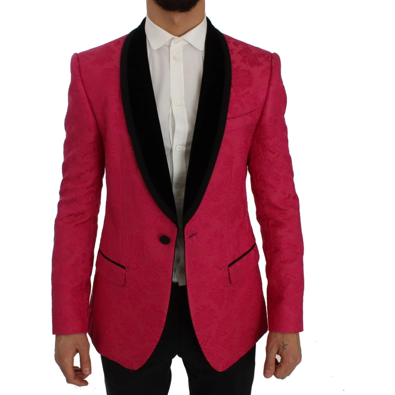 Pink Floral Brocade Slim Blazer Jacket