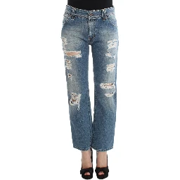 Blue Wash Cotton Boyfriend Fit Cropped Jeans
