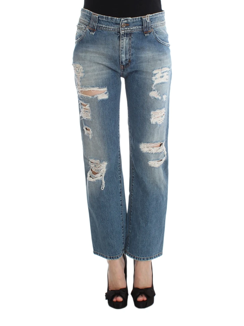 Blue Wash Cotton Boyfriend Fit Cropped Jeans