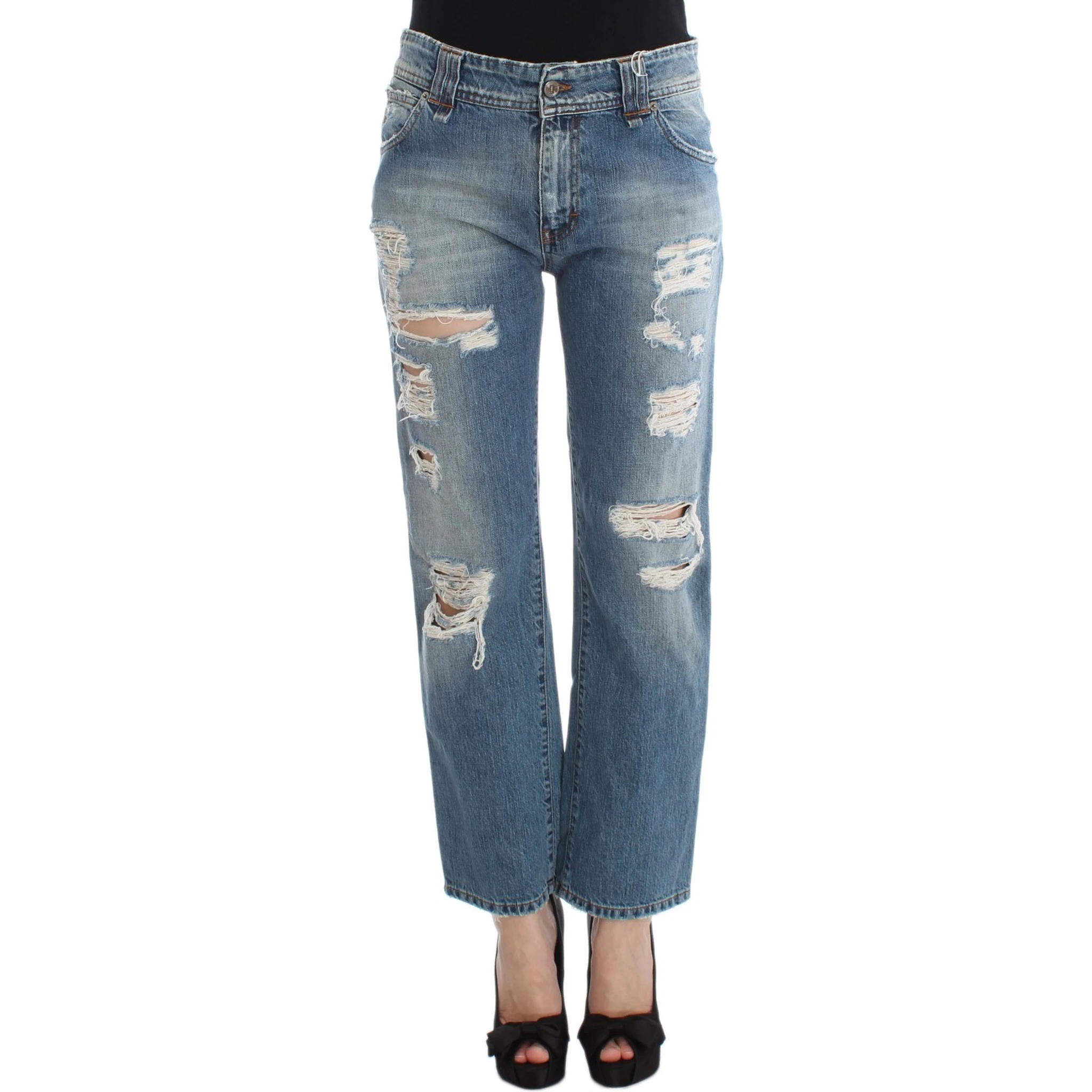 Blue Wash Cotton Boyfriend Fit Cropped Jeans