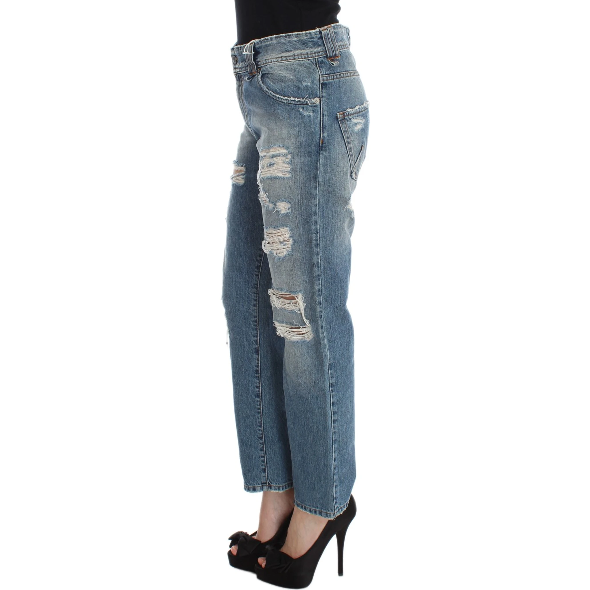 Blue Wash Cotton Boyfriend Fit Cropped Jeans