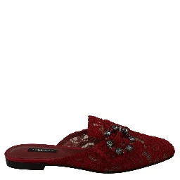 Red Lace Crystal Slide On Flats Shoes