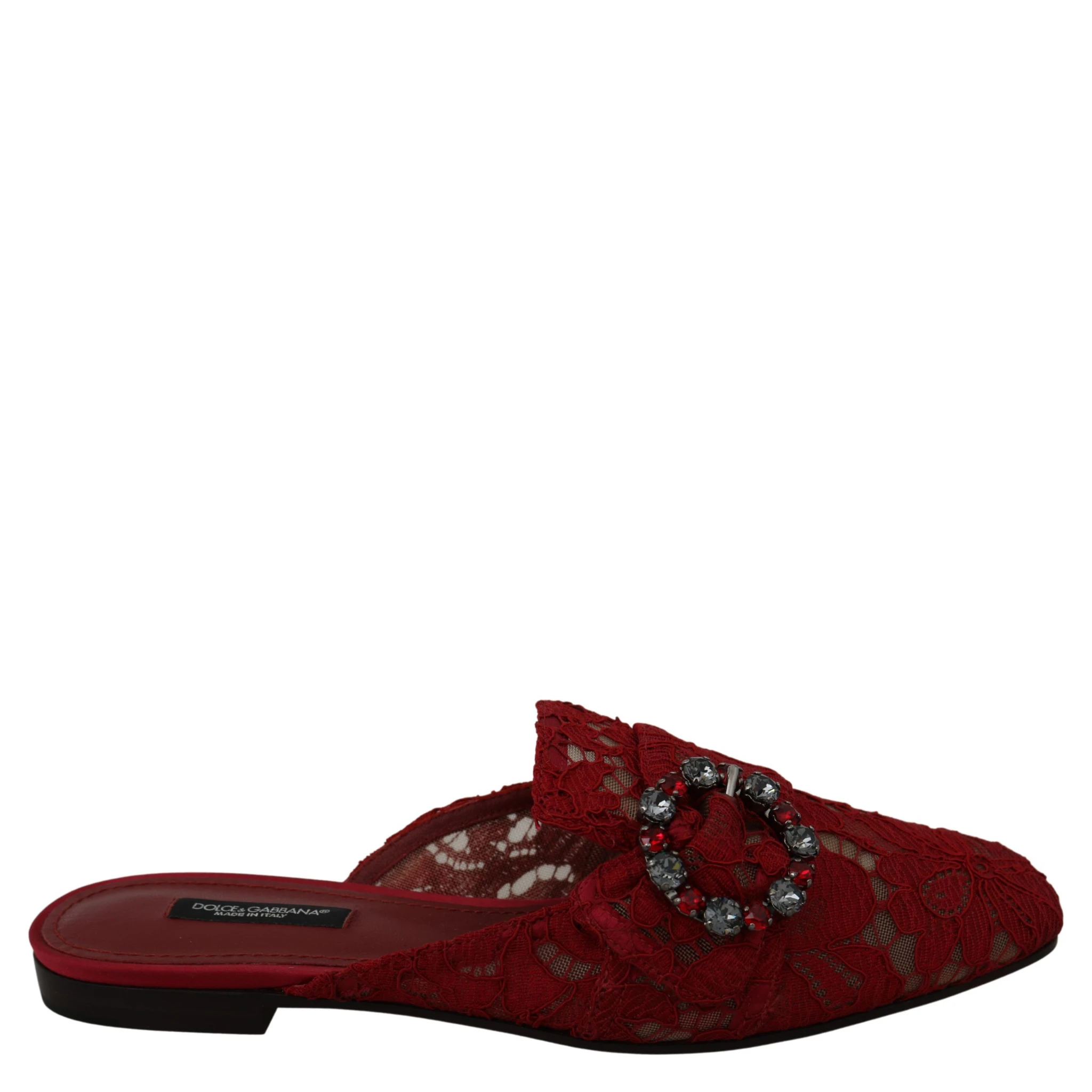 Red Lace Crystal Slide On Flats Shoes