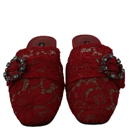 Red Lace Crystal Slide On Flats Shoes