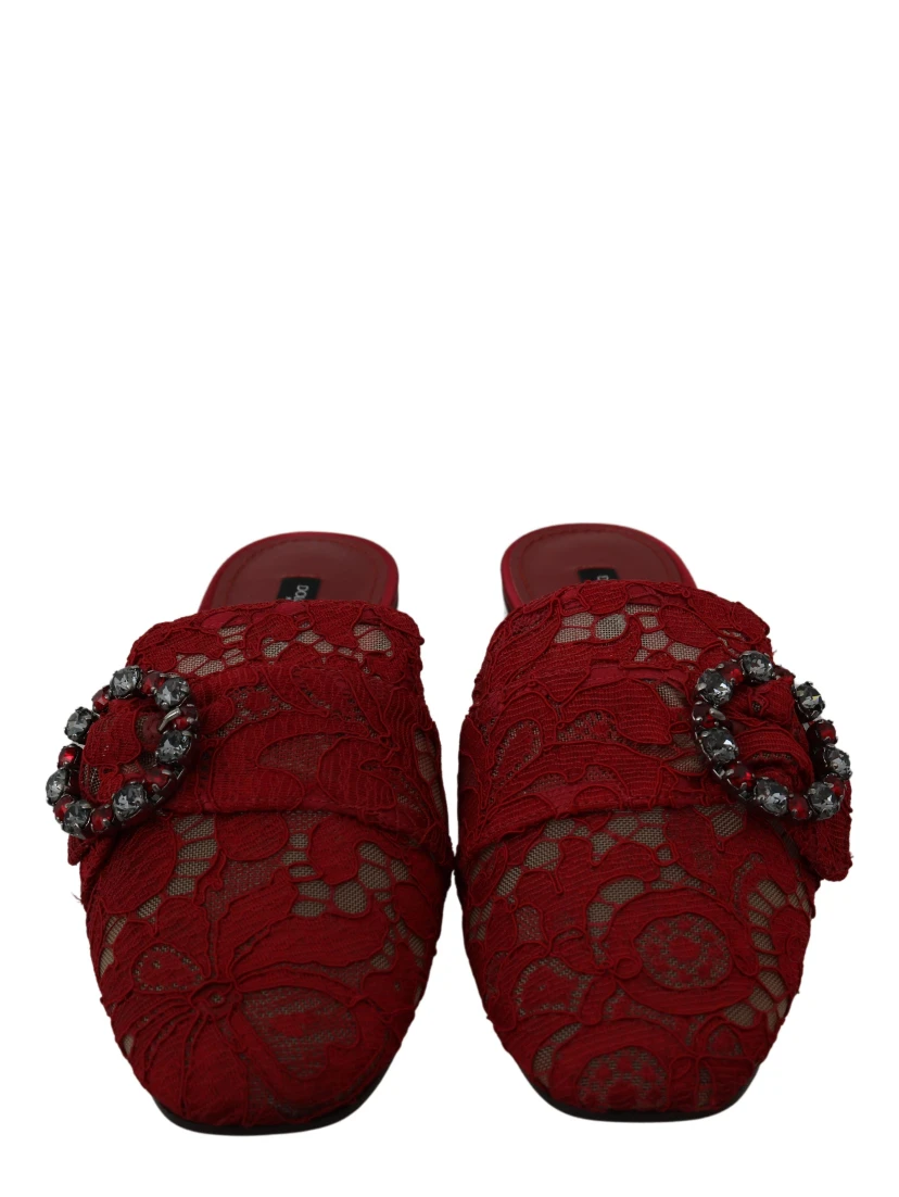 Red Lace Crystal Slide On Flats Shoes