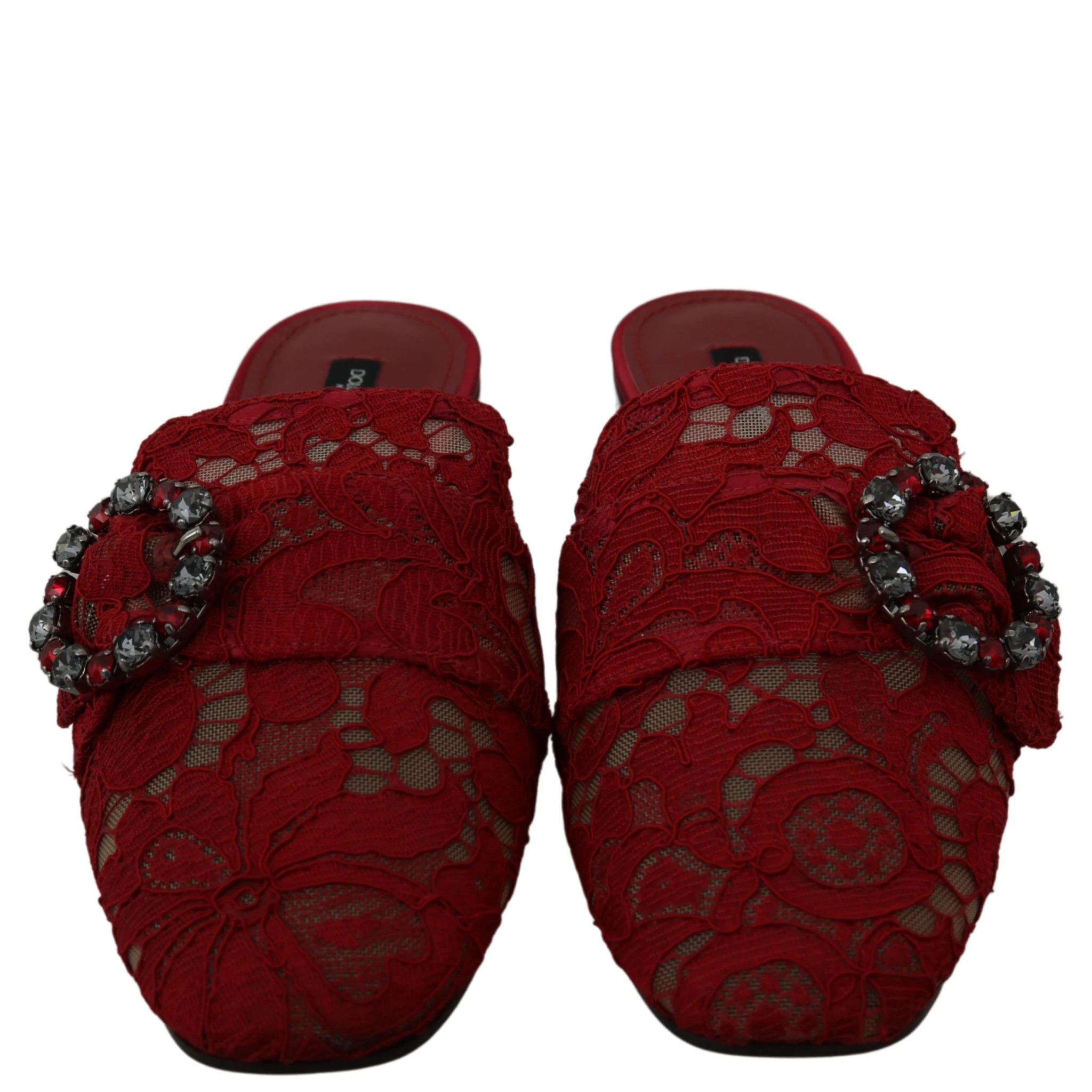Red Lace Crystal Slide On Flats Shoes