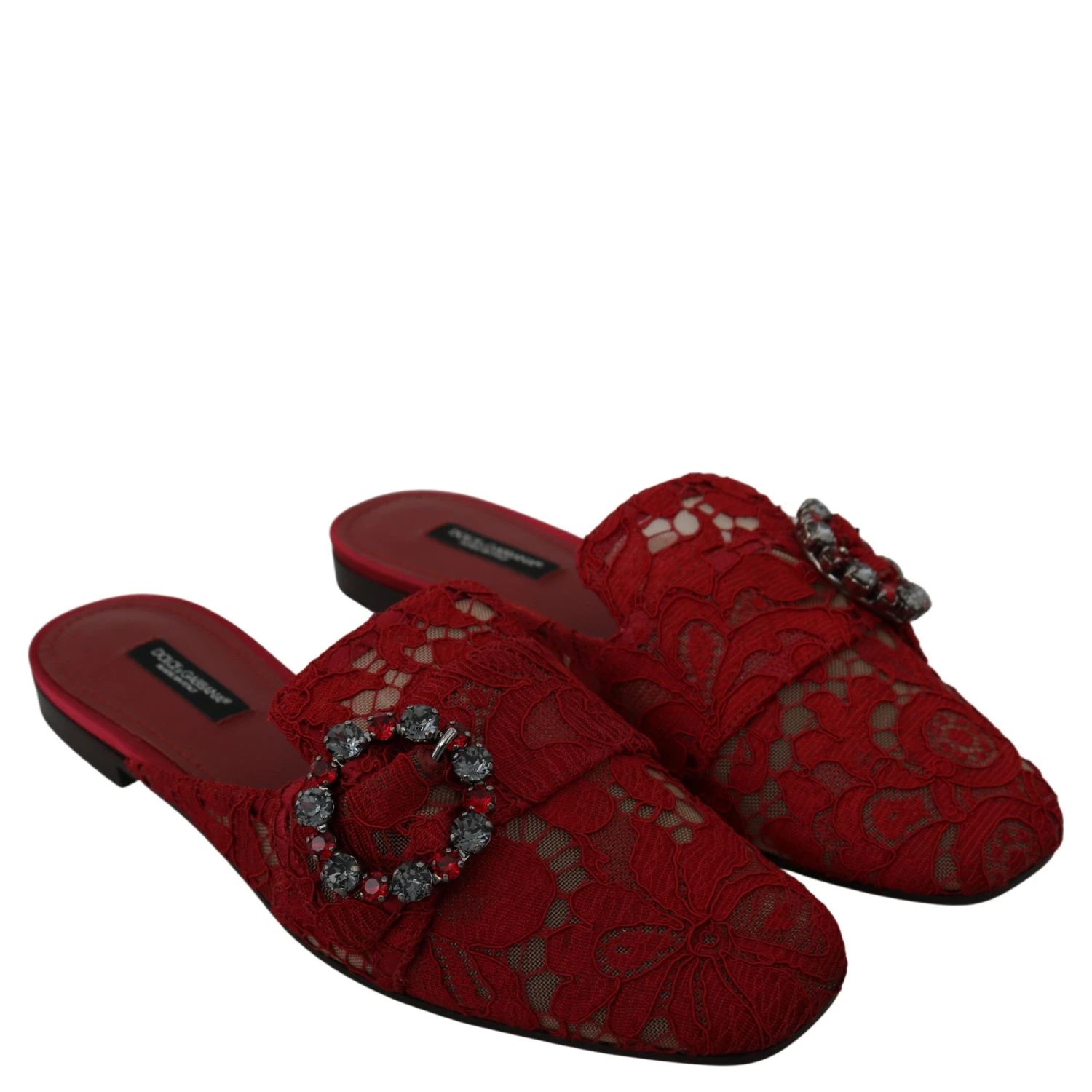 Red Lace Crystal Slide On Flats Shoes