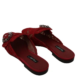 Red Lace Crystal Slide On Flats Shoes