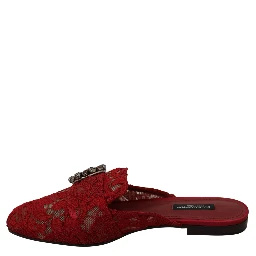 Red Lace Crystal Slide On Flats Shoes