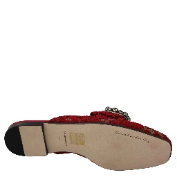 Red Lace Crystal Slide On Flats Shoes