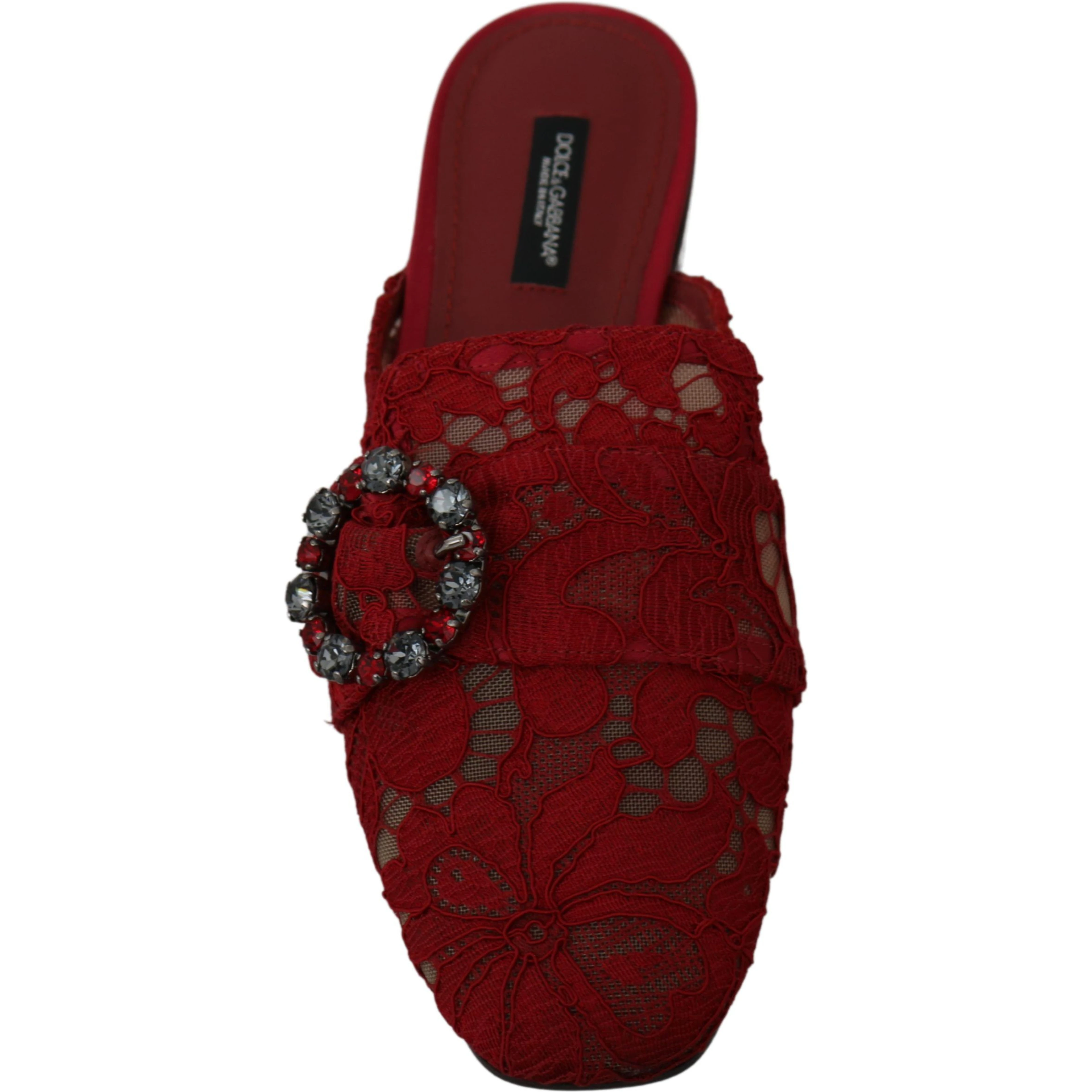 Red Lace Crystal Slide On Flats Shoes