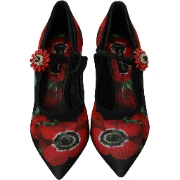 Black Red Floral Mary Janes Pumps Shoes