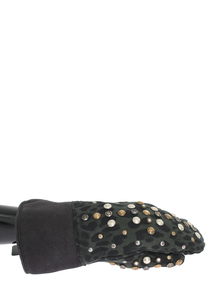 Gray Wool Shearling Studded Green Leopard Gloves