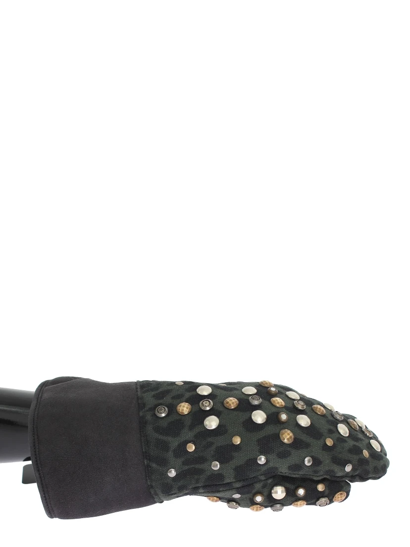 Gray Wool Shearling Studded Green Leopard Gloves