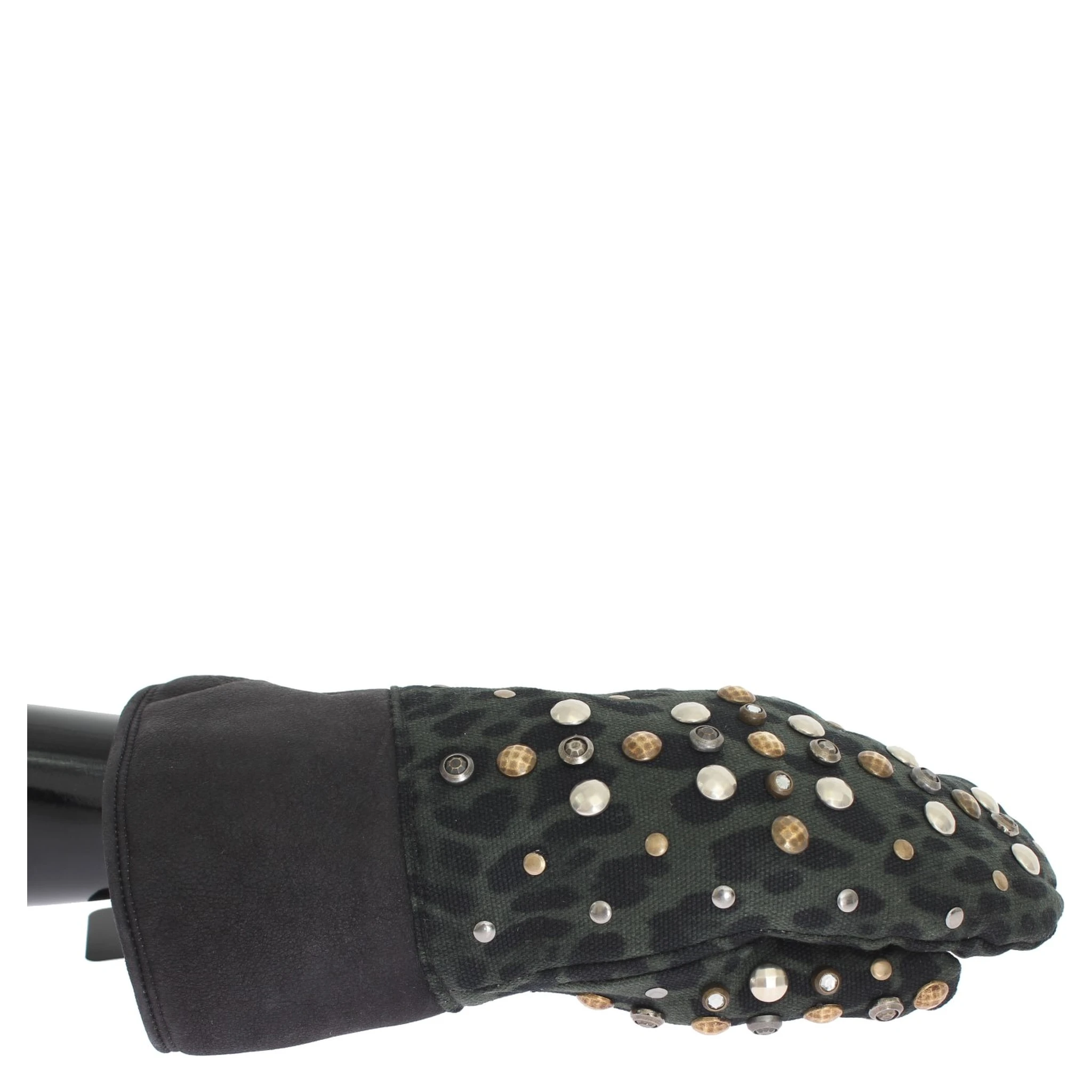 Gray Wool Shearling Studded Green Leopard Gloves
