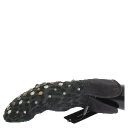 Gray Wool Shearling Studded Green Leopard Gloves