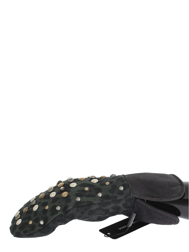 Gray Wool Shearling Studded Green Leopard Gloves alternative