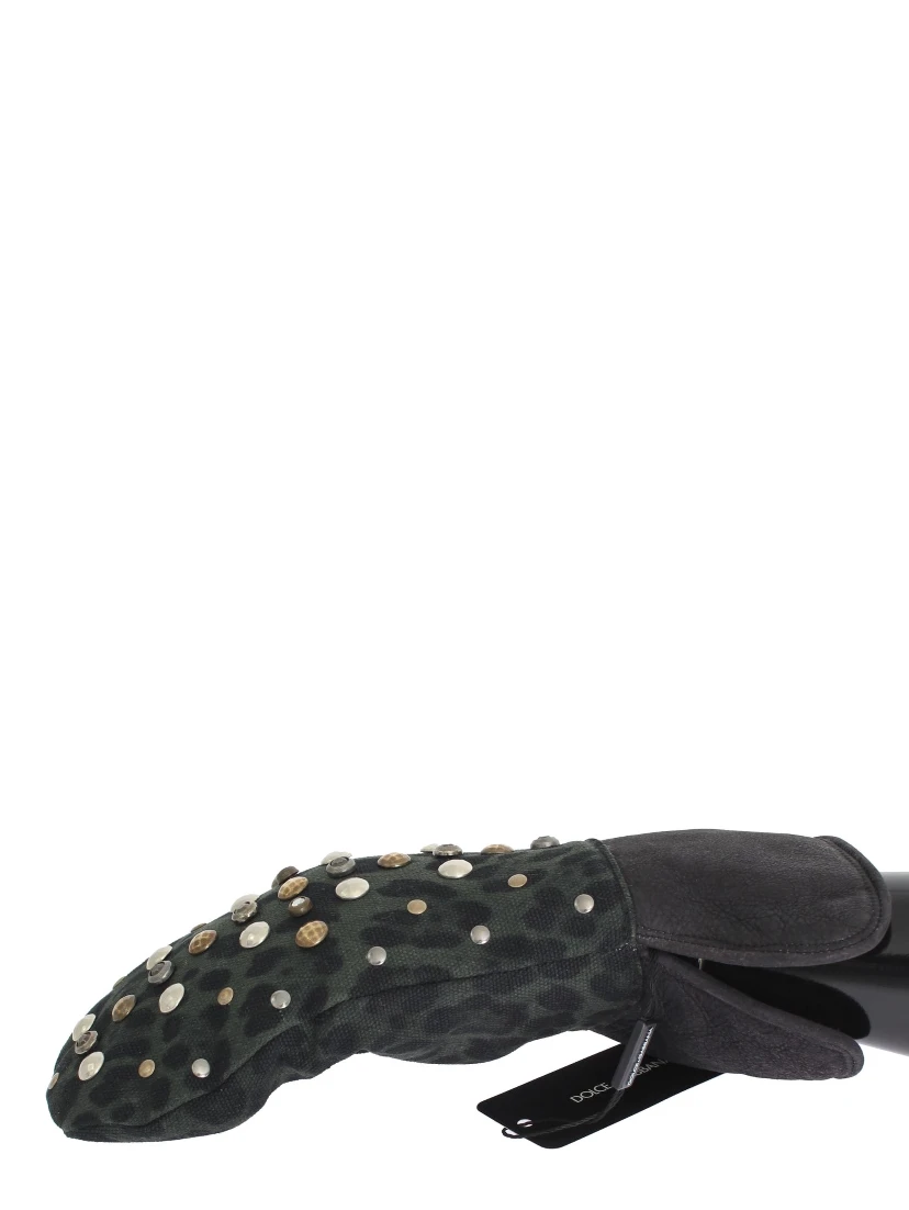 Gray Wool Shearling Studded Green Leopard Gloves