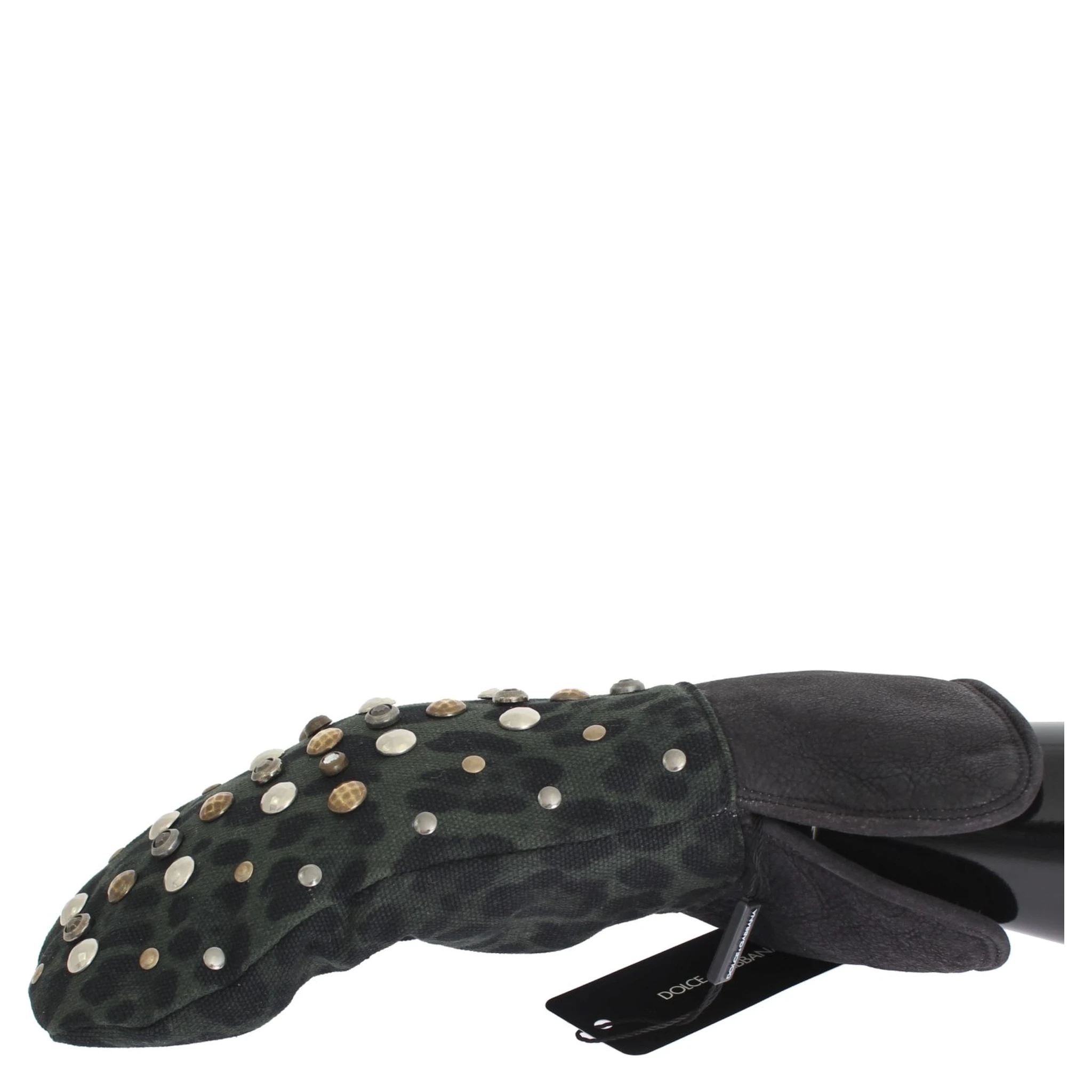 Gray Wool Shearling Studded Green Leopard Gloves