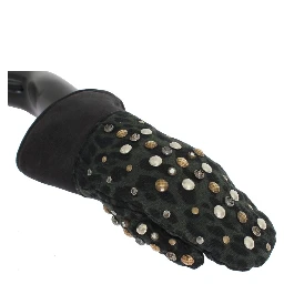 Gray Wool Shearling Studded Green Leopard Gloves