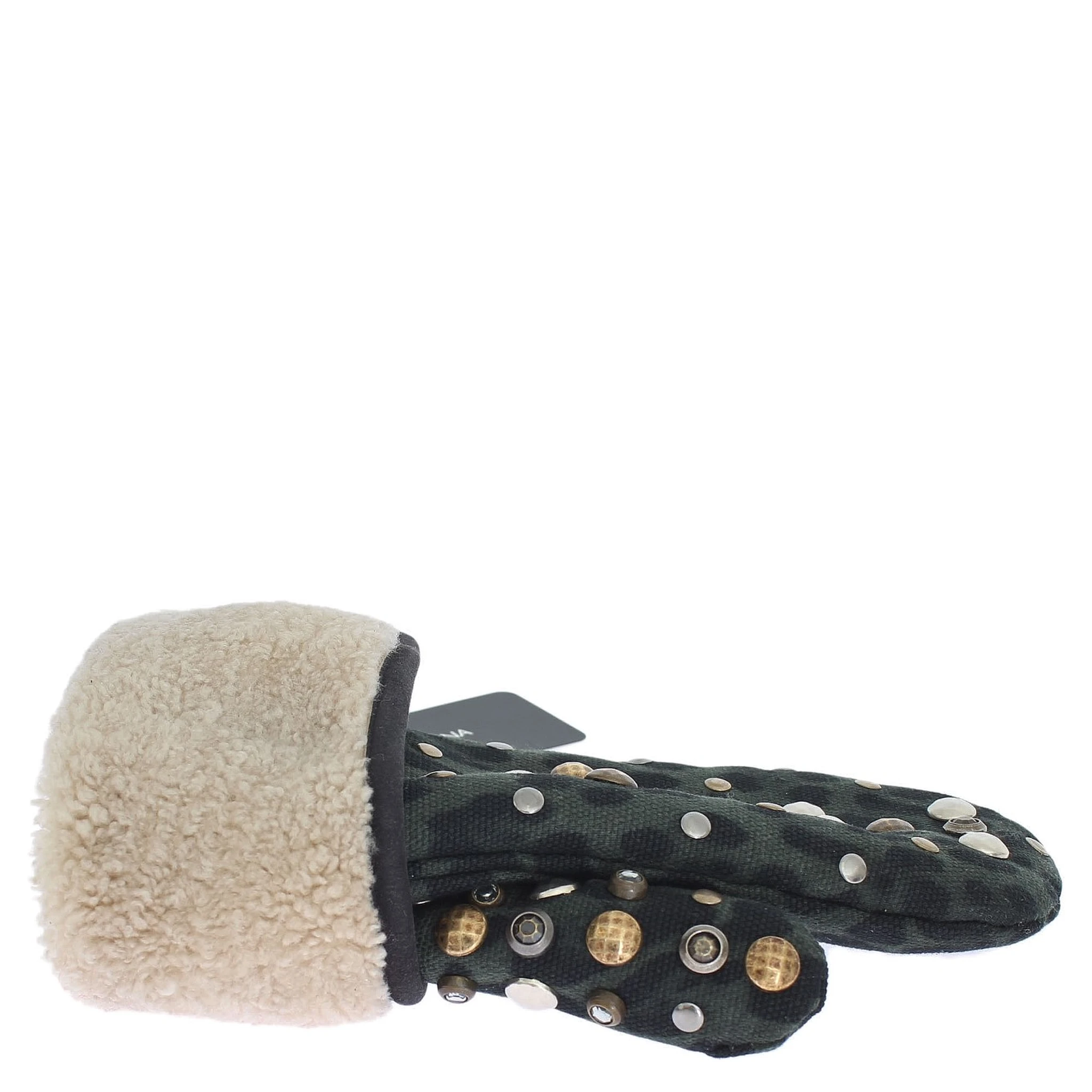 Gray Wool Shearling Studded Green Leopard Gloves
