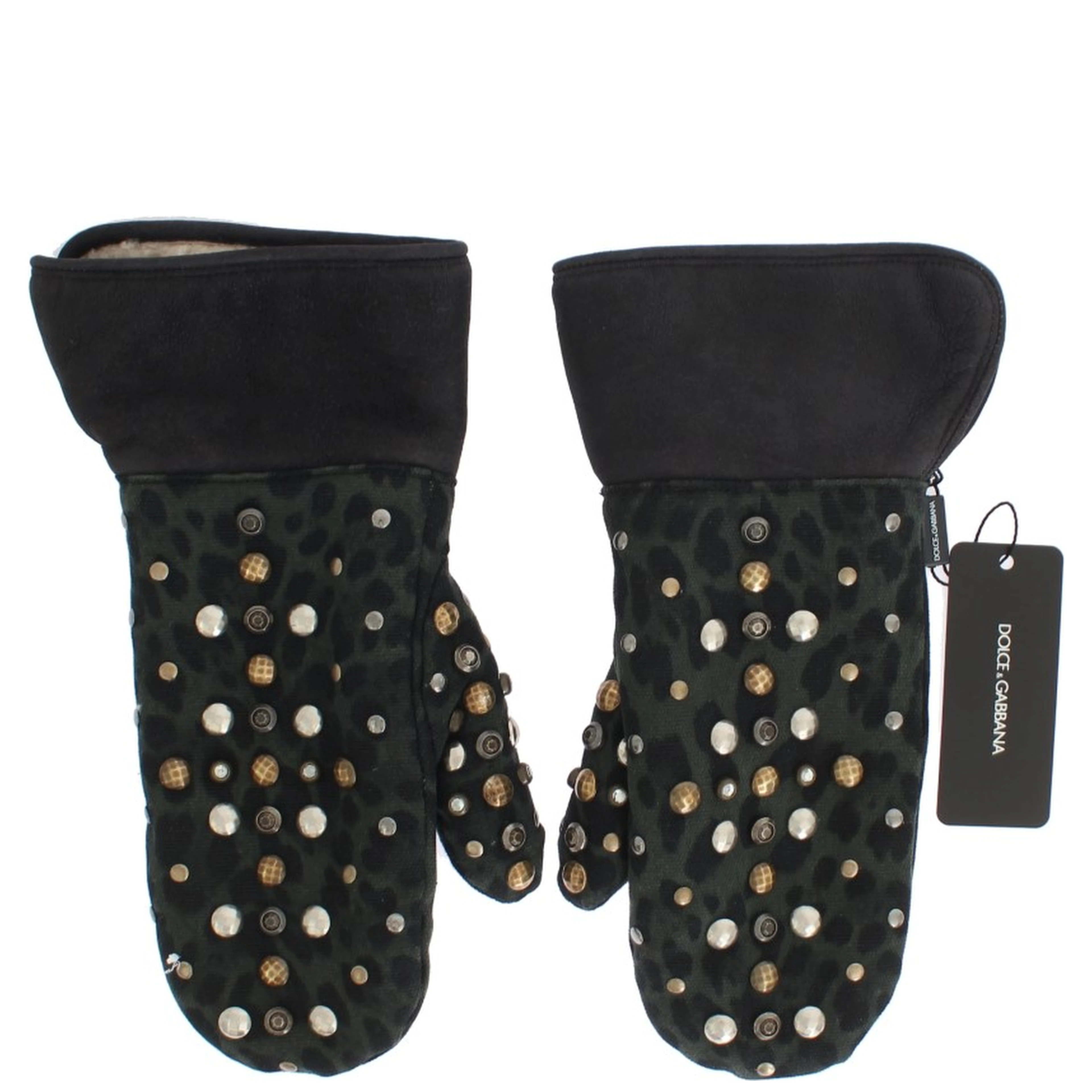 Gray Wool Shearling Studded Green Leopard Gloves