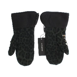 Gray Wool Shearling Studded Green Leopard Gloves
