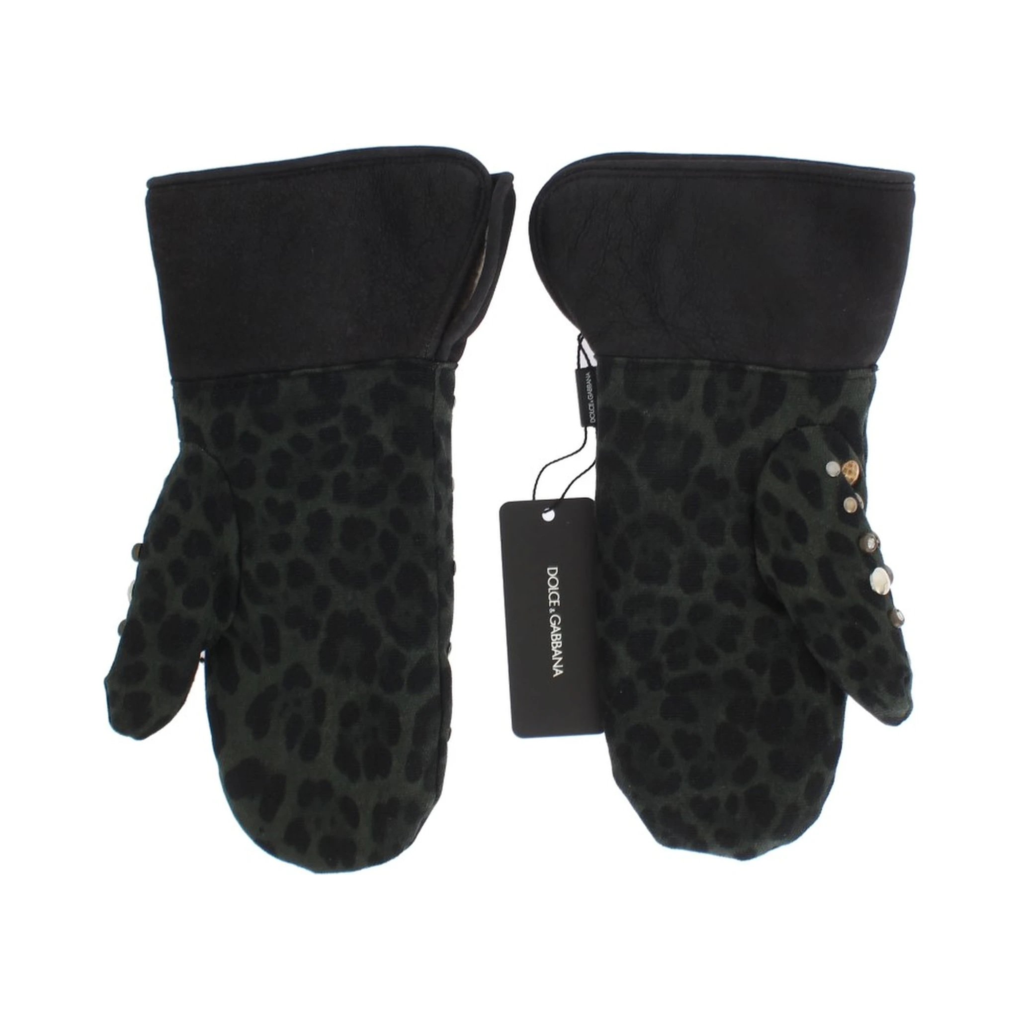 Gray Wool Shearling Studded Green Leopard Gloves