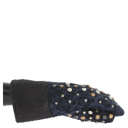 Gray Wool Shearling Studded Blue Leopard Gloves