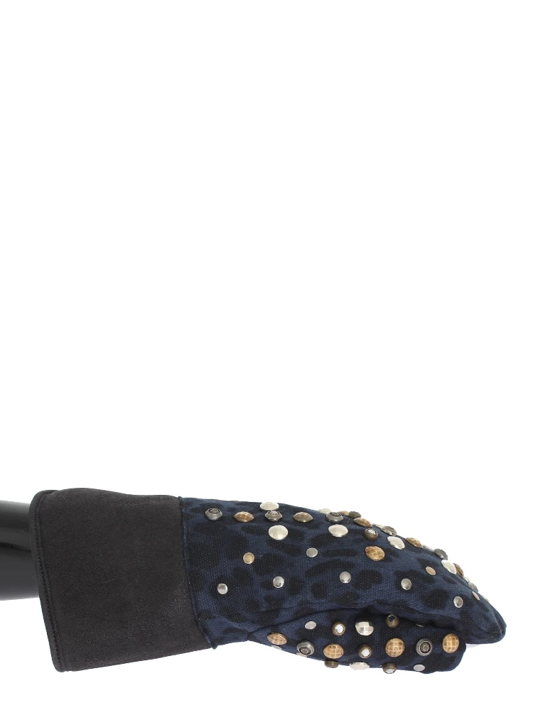 Gray Wool Shearling Studded Blue Leopard Gloves