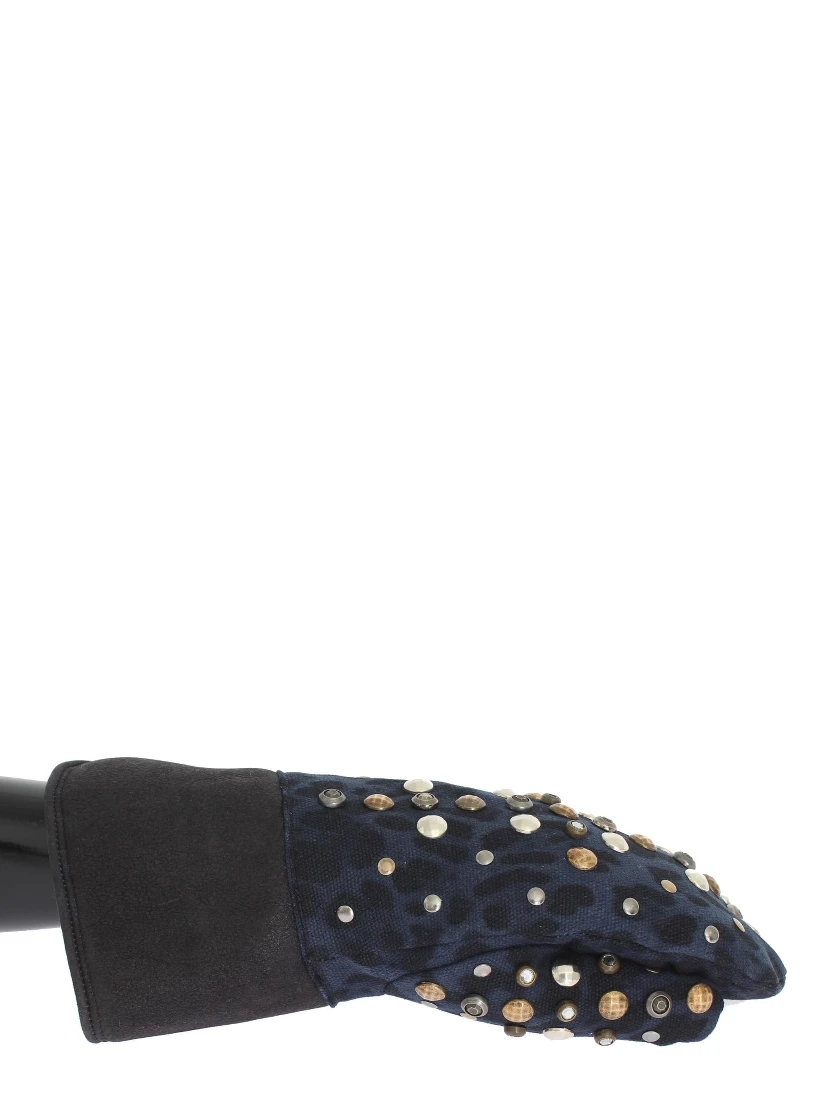 Gray Wool Shearling Studded Blue Leopard Gloves