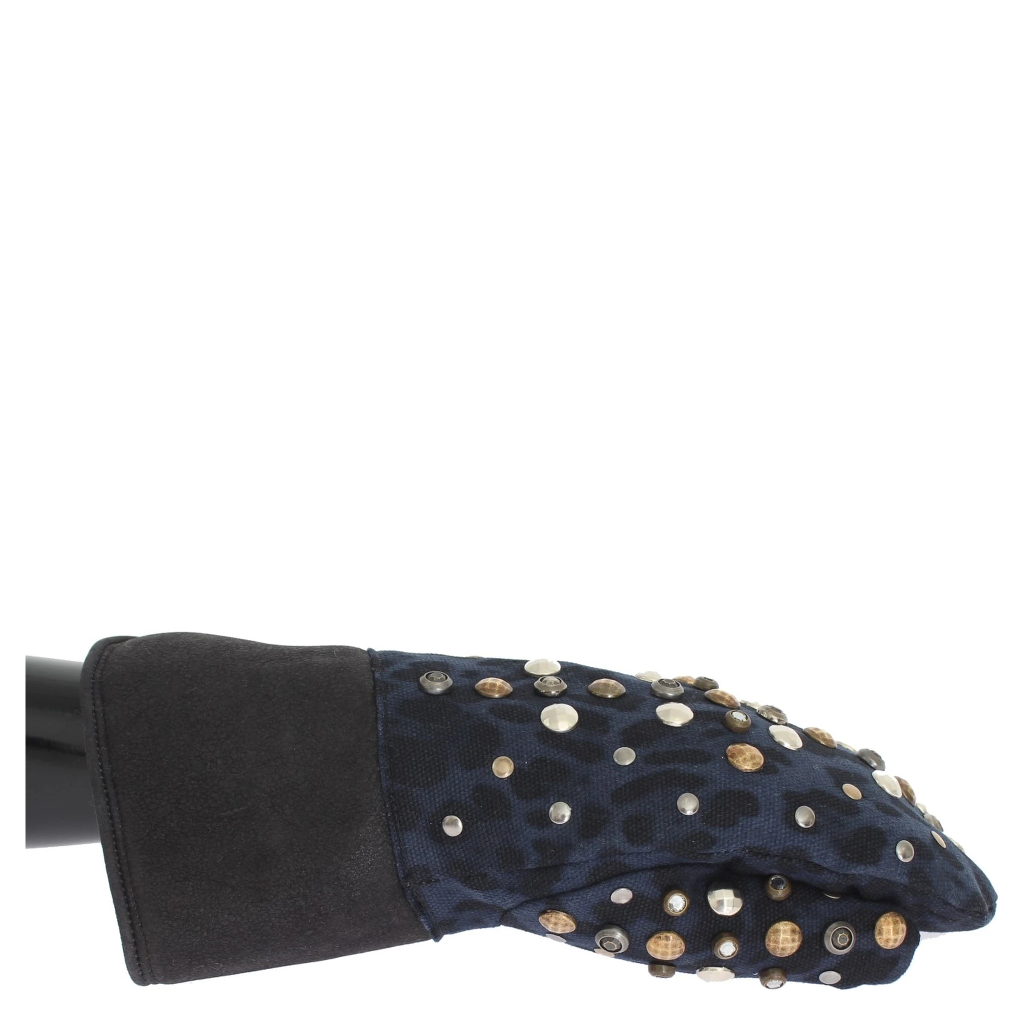 Gray Wool Shearling Studded Blue Leopard Gloves