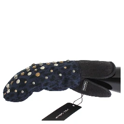 Gray Wool Shearling Studded Blue Leopard Gloves