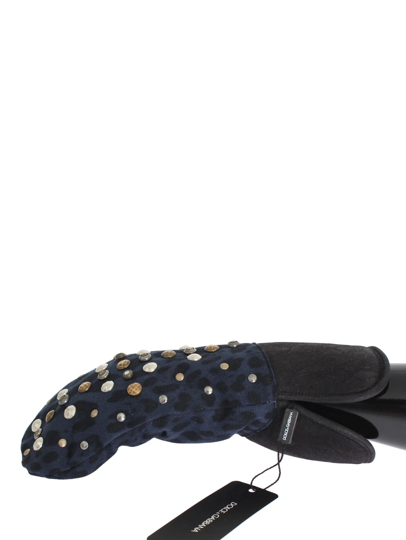 Gray Wool Shearling Studded Blue Leopard Gloves