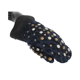 Gray Wool Shearling Studded Blue Leopard Gloves