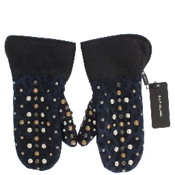 Gray Wool Shearling Studded Blue Leopard Gloves