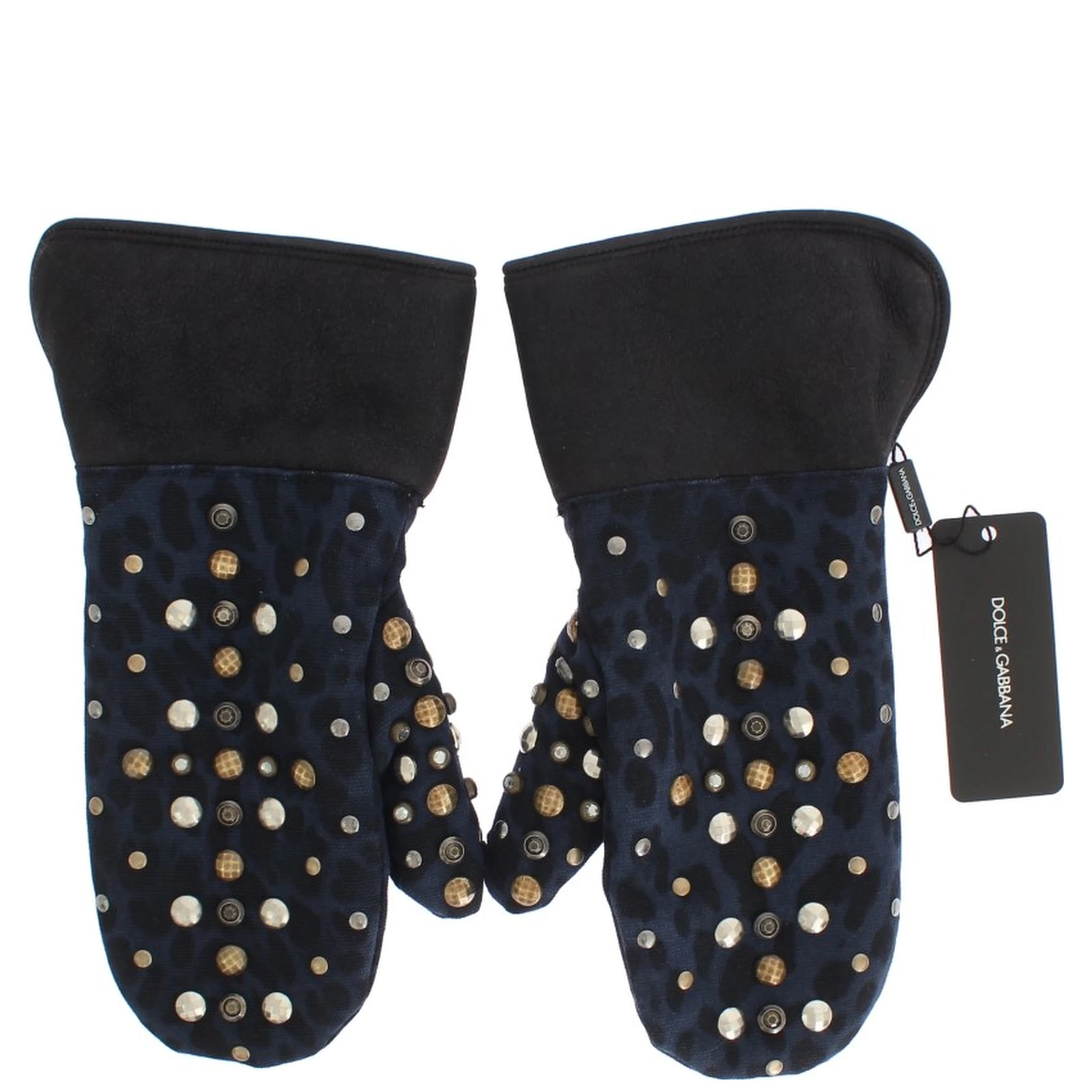 Gray Wool Shearling Studded Blue Leopard Gloves