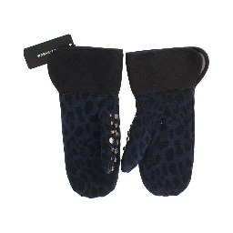 Gray Wool Shearling Studded Blue Leopard Gloves