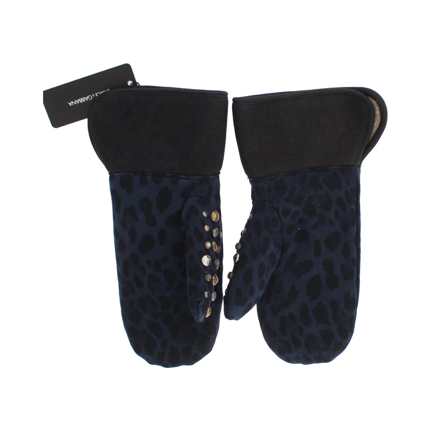 Gray Wool Shearling Studded Blue Leopard Gloves