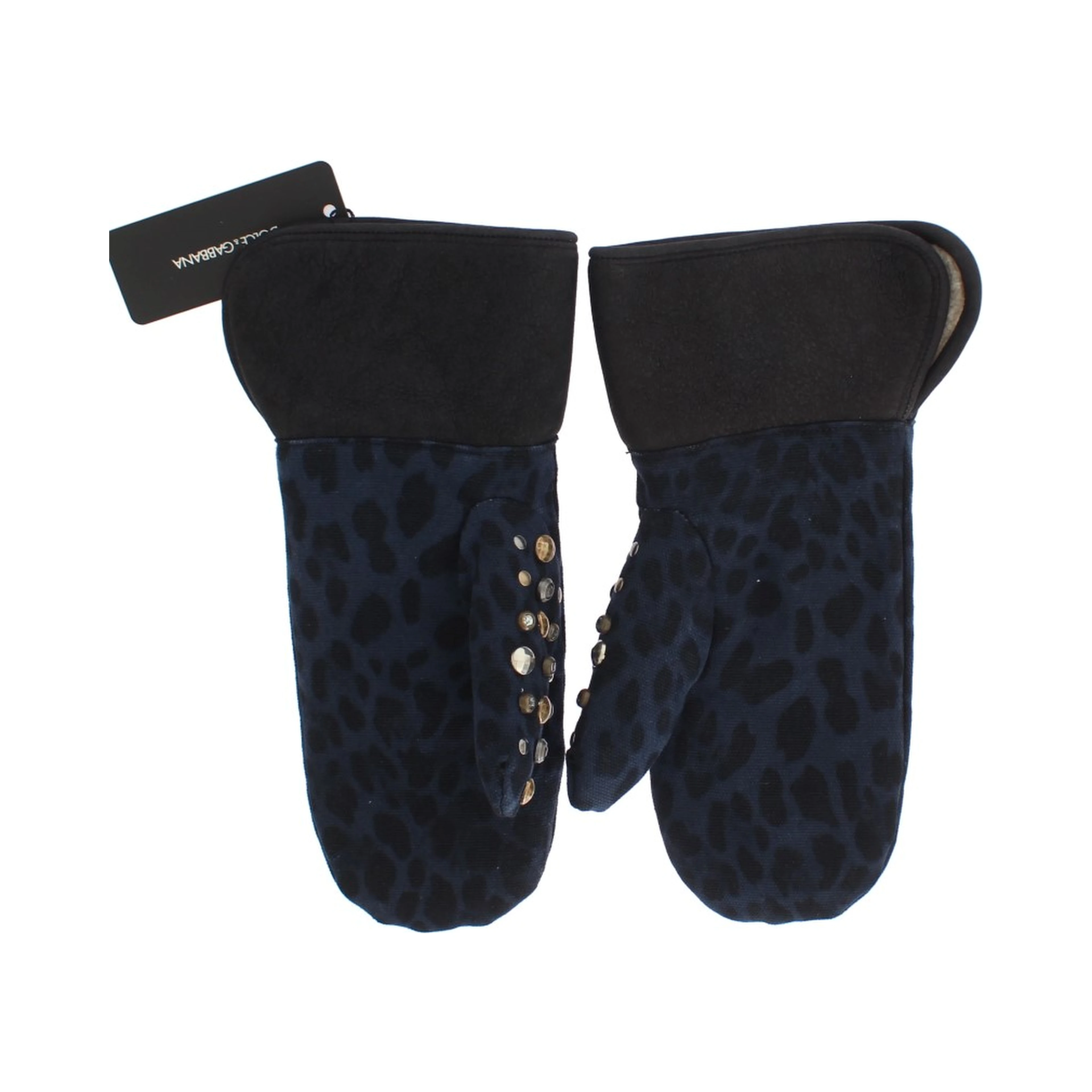 Gray Wool Shearling Studded Blue Leopard Gloves