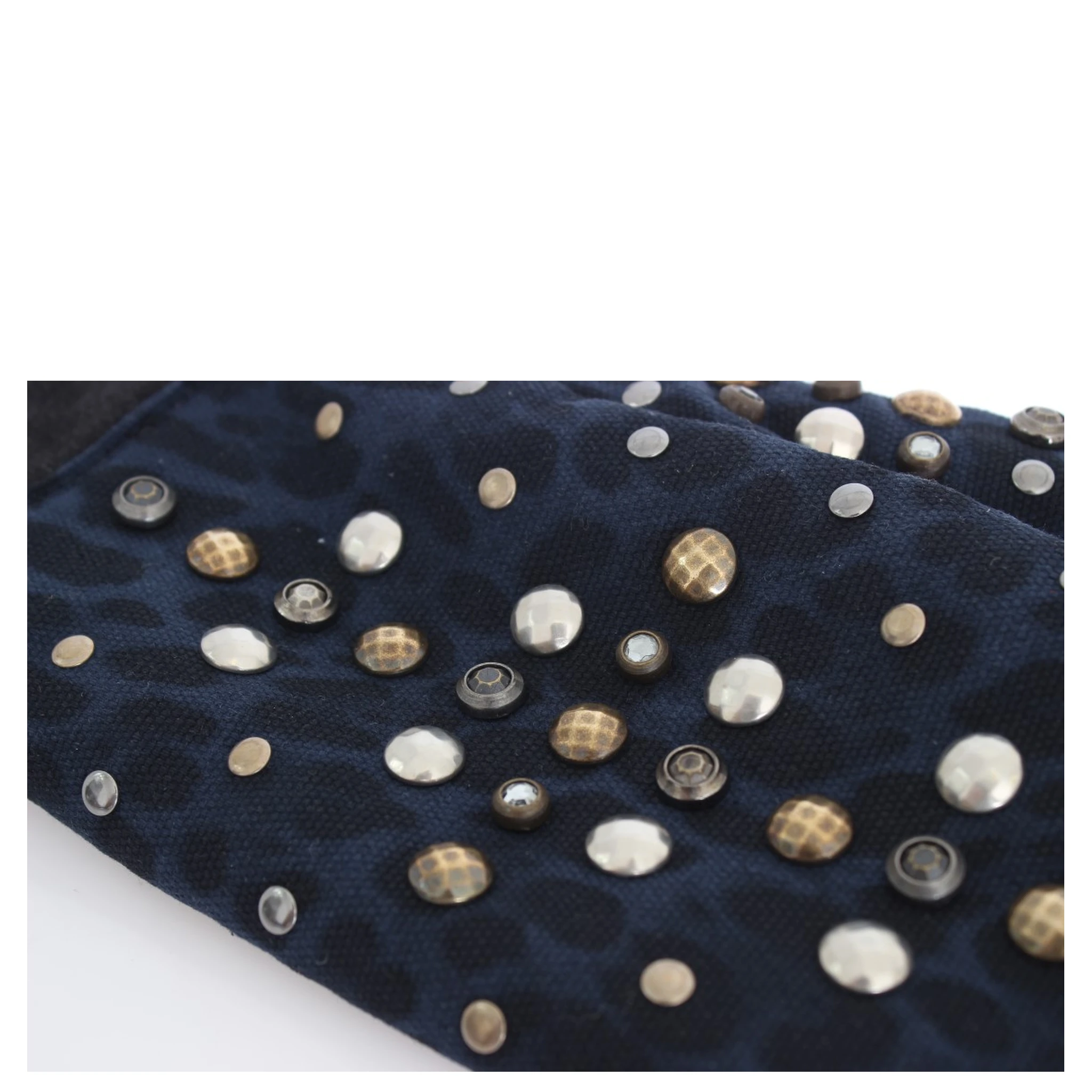 Gray Wool Shearling Studded Blue Leopard Gloves
